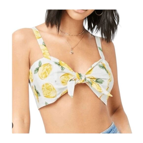 Forever 21 Lemon Print Bralette Crop Top White Yellow Woven Knit Sleeveless S - Picture 1 of 9